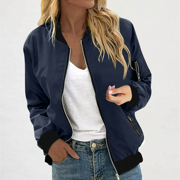 BLTIBY Womens Bomber Jacket Fall Trendy Casual Zip Up Coat Lightweight Fashion Cropped Stand Collar Outfits with Zip Pockets Blue XL