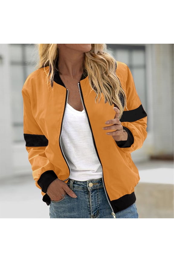 Womens Bomber Jacket Fall Zip Up Solid Color Cropped Lapel Coat Lightweight Trendy Casual Outfits with Pockets Yellow XXL
