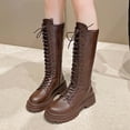 thumbnail image 1 of BLTIBY Womens Boots Knee High Lace Up Riding PU Punk Goth Chunk Thick Heel Boot Side Zipper Non Slip Shoes Fashion Brown 2 39, 1 of 9