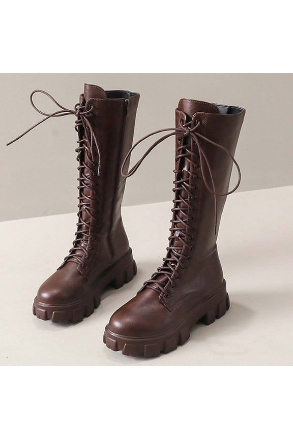 Womens Boots Knee High Lace Up Riding PU Punk Goth Chunk Thick Heel Boot Side Zipper Non Slip Shoes Fashion Brown 36