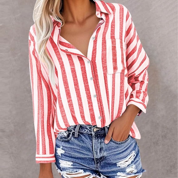 BLTIBY Womens Button Up Long Sleeve Shirts Spring Fall Striped Printed Lapel Top Ladies Fashion Casual Blouse with Pockets Red L