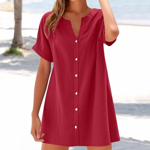 BLTIBY Womens Button Up Shirt Dress Summer V-Neck Solid Color Mini Dress Casual Short Sleeve Loose Tunic Dresses Watermelon Red L