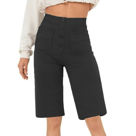 BLTIBY Womens Capris Cargo Shorts Summer Solid Colour Button Lightweight Loose Wide Leg Hiking Pants Outdoor Athletic Travel Casual Comfy with Pockets Black M