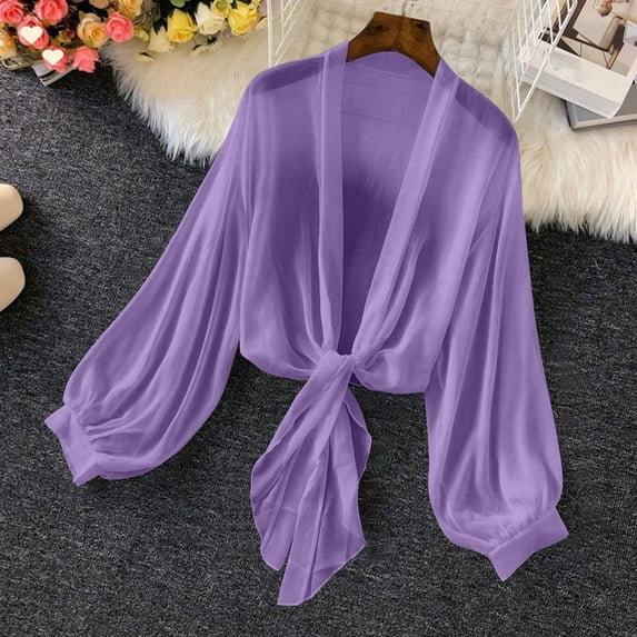 BLTIBY Womens Cardigan Tops Spring Fall Long Sleeve Solid Color Blouse Loose Casual Lightweight Open Front Blouse Purple M