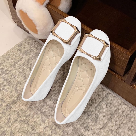 BLTIBY Womens Casual Candy Color Flat Shoes with Decorative Buckle Square Toe for Work and Everyday White 36