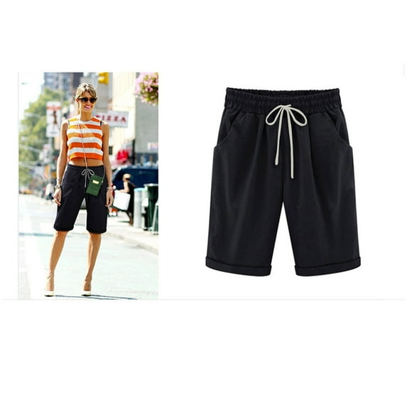 BLTIBY Womens Casual Cotton Linen Pants Lightweight Elastic Waist Pant Five Points Summer Fall Lounge Plain Drawstring Trousers with Pockets Black L