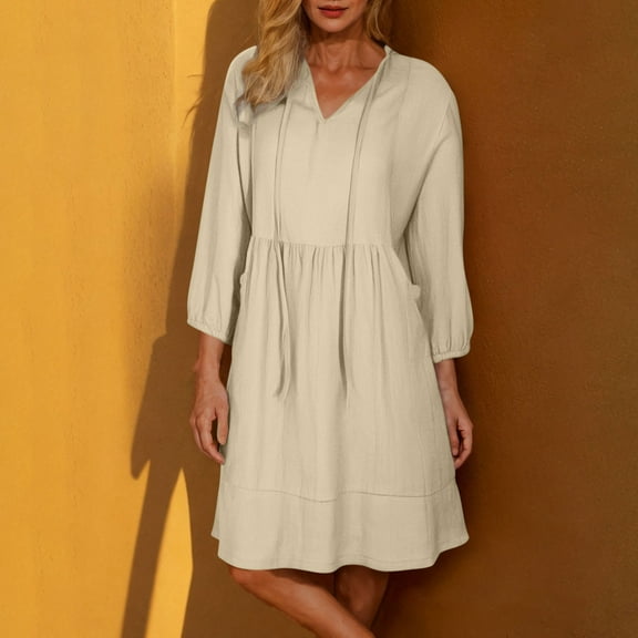 BLTIBY Womens Casual Dress Summer V Neck Drawstring Solid Color 3/4 Sleeve Dress Fashion Comfortable Loose Tunic Dresses Beige XXL
