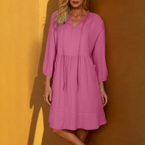 BLTIBY Womens Casual Dress Summer V Neck Drawstring Solid Color 3/4 Sleeve Dress Fashion Comfortable Loose Tunic Dresses Hot Pink L