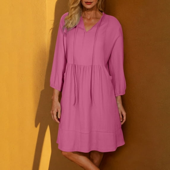 BLTIBY Womens Casual Dress Summer V Neck Drawstring Solid Color 3/4 Sleeve Dress Fashion Comfortable Loose Tunic Dresses Hot Pink S