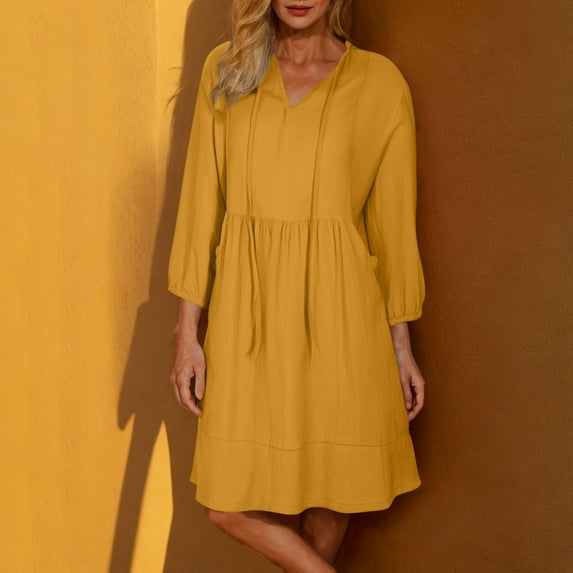 BLTIBY Womens Casual Dress Summer V Neck Drawstring Solid Color 3/4 Sleeve Dress Fashion Comfortable Loose Tunic Dresses Yellow XXL