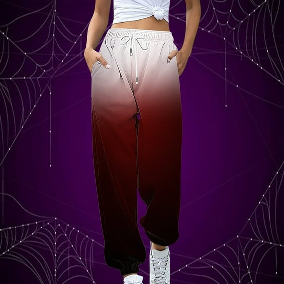 BLTIBY Womens Casual Pants Printed Lightweight Elastic Waist High Waist Pant Spring Fall Lounge Drawstring Trousers with Pockets 2025 Red L