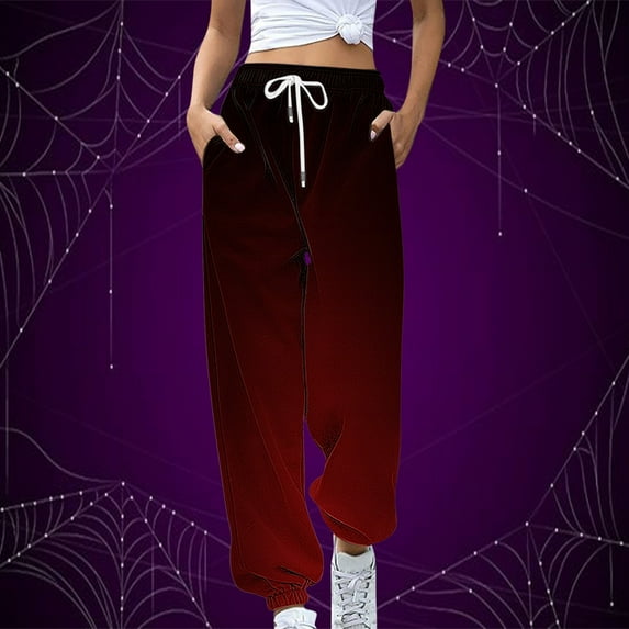 BLTIBY Womens Casual Pants Printed Lightweight Elastic Waist High Waist Pant Spring Fall Lounge Drawstring Trousers with Pockets 2025 Wine M