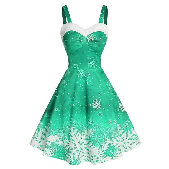 BLTIBY Womens Christmas Camisole Dresses Snowflake Print Furry Trim Vintage V-Neck Dress Mrs Santa Claus Holiday Cocktail Party Sleeveless Swing Dress A-Line Midi Outfits 2024 Mint Green S