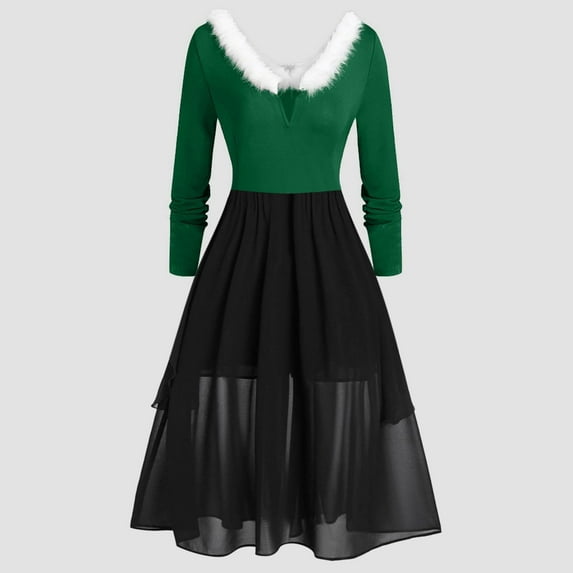 BLTIBY Womens Christmas Dress Long Sleeve Vintage Mrs Claus Xmas Costumes A-Line Mesh Irregular Swing Party Holiday Cocktail Dresses Green 2 XL