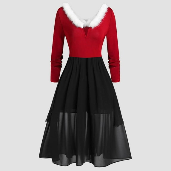 BLTIBY Womens Christmas Dress Long Sleeve Vintage Mrs Claus Xmas Costumes A-Line Mesh Irregular Swing Party Holiday Cocktail Dresses Red 2 L