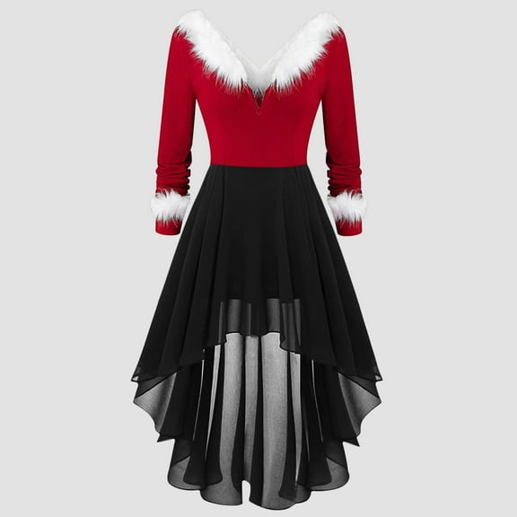 BLTIBY Womens Christmas Dress Long Sleeve Vintage Mrs Claus Xmas Costumes A-Line Mesh Irregular Swing Party Holiday Cocktail Dresses Red M