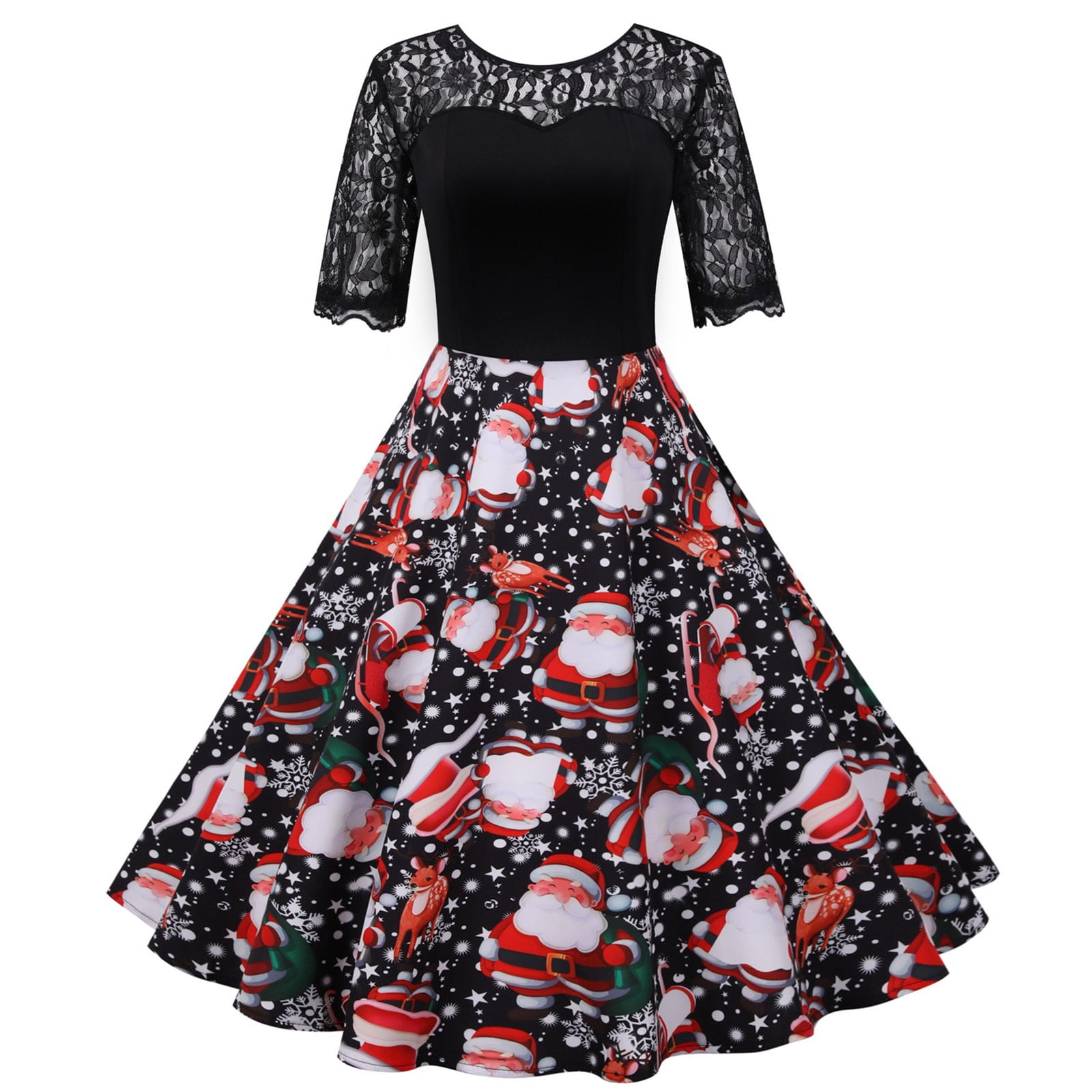 BLTIBY Womens Christmas Dress Short Sleeve Round Neck Lace Patchwork bltiby-womens-christmas-dress-short-sleeve-round-neck-lace-patchwork