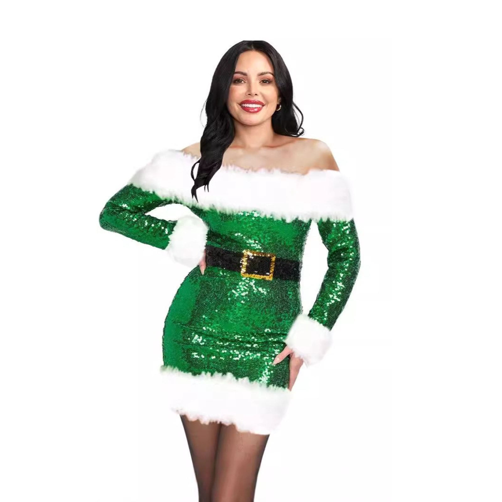 christmas dresses from walmart BLTIBY Womens Sequin Dress Fur Trim Sparkle Glitter Mini Holiday Merry Christmas Santa Costume Role-playing Xmas Set Green S robert b moore artworks