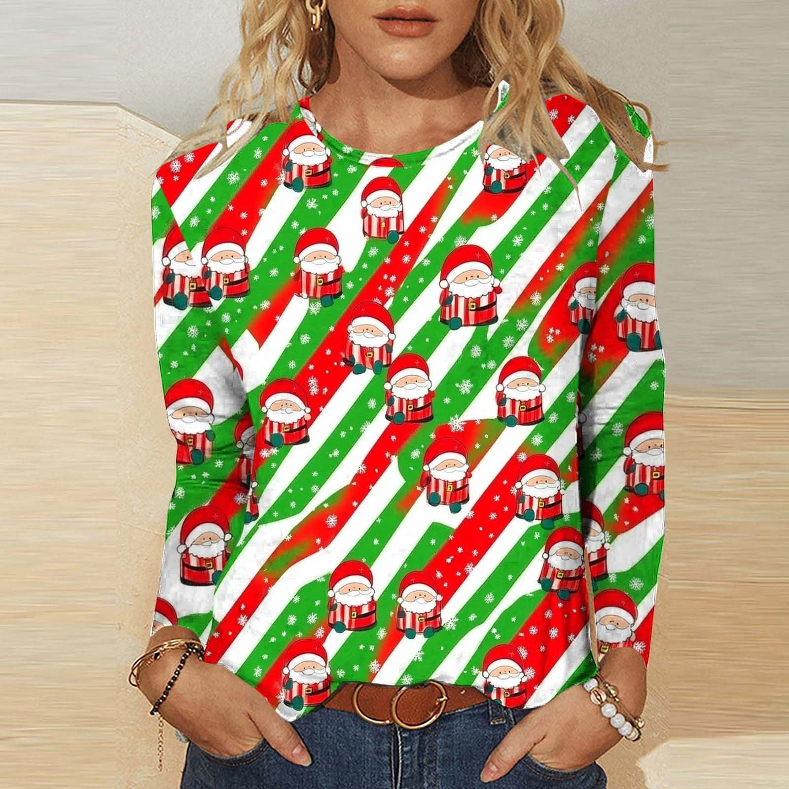 BLTIBY Womens Christmas Shirt Cute Xmas Printed 3/4 Sleeve Top Round — free download