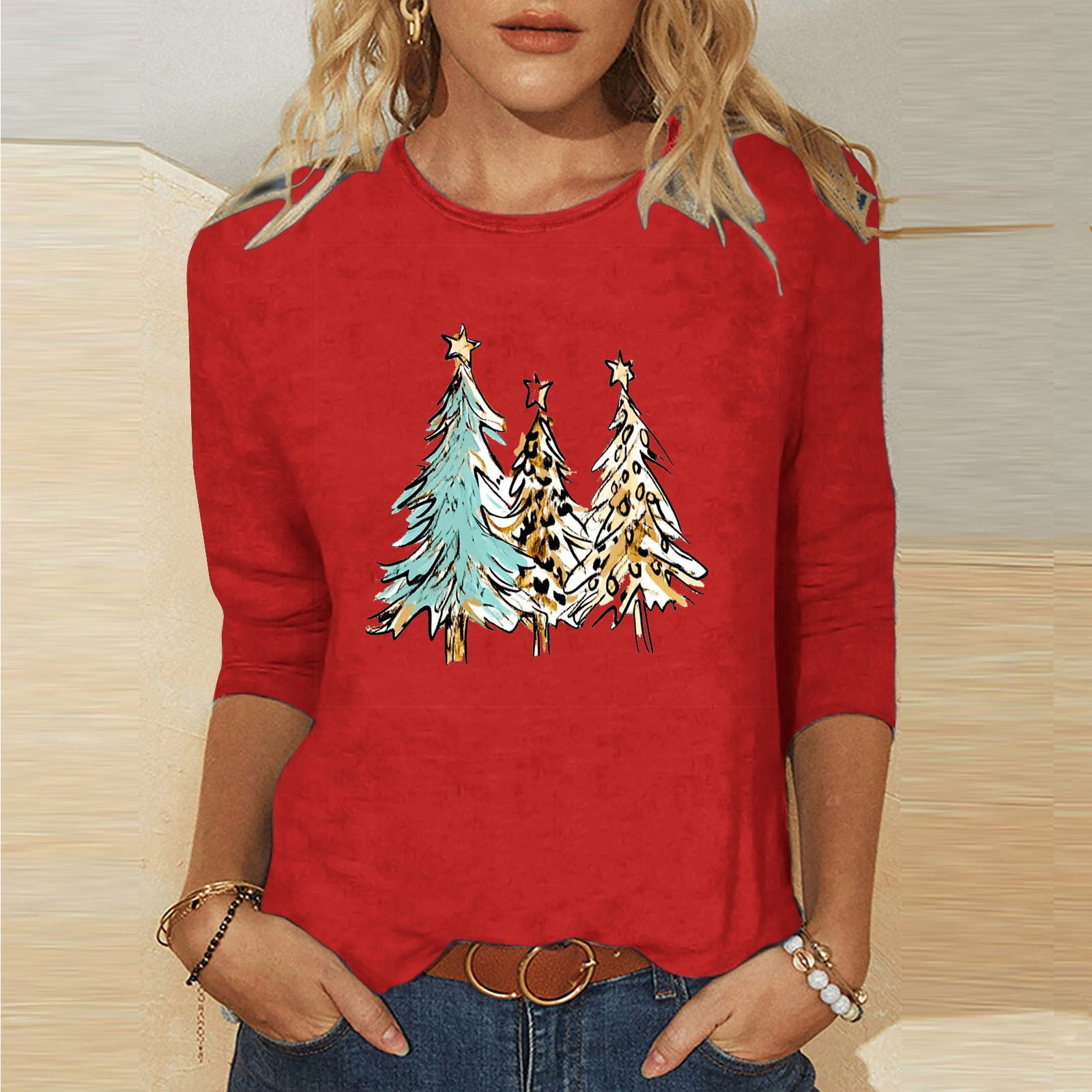 BLTIBY Womens Christmas Shirt Xmas Tree Printed 3/4 Sleeve Top Round — free download