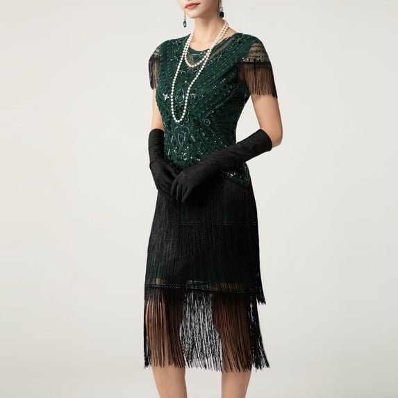 BLTIBY Womens Cocktail Evening Gown Dress Sequin Tassel Mesh Patchwork Bodycon Party Short Sleeve Round Neck Flapper Dresses Green L