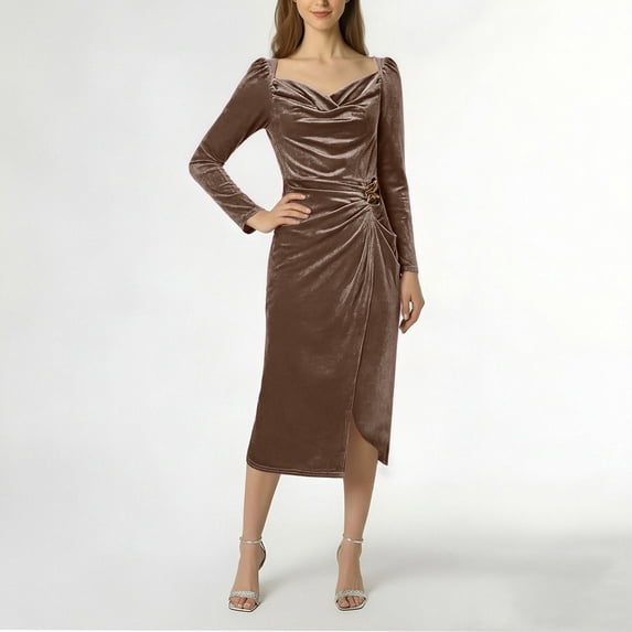 BLTIBY Womens Cocktail Velvet Midi Dress Elegant Long Sleeve Bodycon Cowl Neck Side Slit Wrap Ruched Dresses Formal Wedding Guest Party Gown Khaki XL