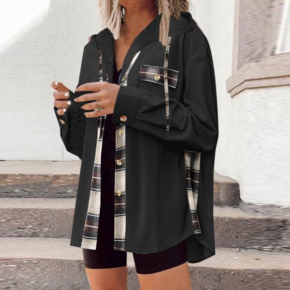 BLTIBY Womens Corduroy Flannel Shacket Jacket Hoodies Fall Casual Plaid Button Down Shirts Lightweight Coat with Pockets Black M