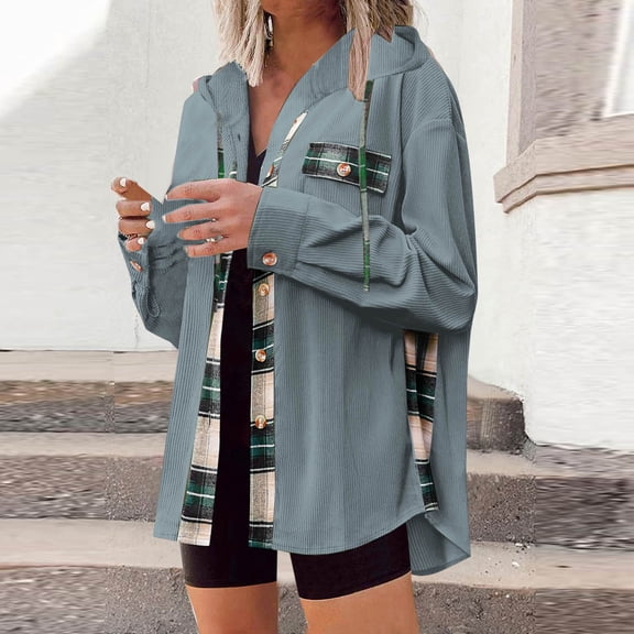 BLTIBY Womens Corduroy Flannel Shacket Jacket Hoodies Fall Casual Plaid Button Down Shirts Lightweight Coat with Pockets Blue XXL