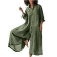 thumbnail image 1 of BLTIBY Womens Cotton Linen Jumpsuits Casual Ladies Summer Solid Color Jumpsuit Dressy Lapel Long Sleeve Button Up Fashion Loose Wide Leg Long Pants Rompers Overalls with Pockets 2024 Green S, 1 of 6