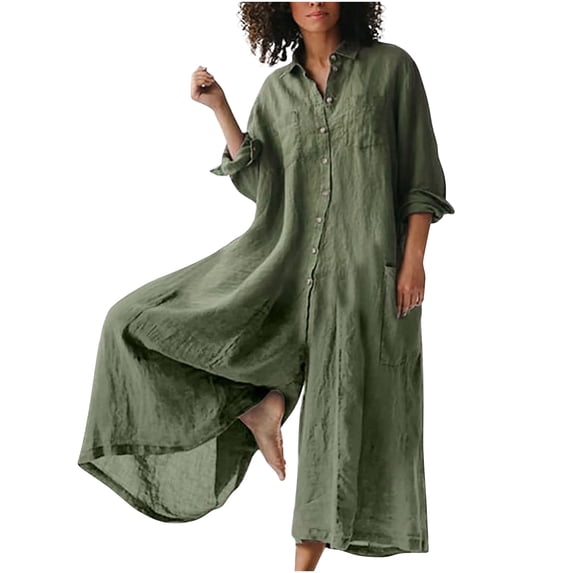 BLTIBY Womens Cotton Linen Jumpsuits Casual Ladies Summer Solid Color Jumpsuit Dressy Lapel Long Sleeve Button Up Fashion Loose Wide Leg Long Pants Rompers Overalls with Pockets 2024 Green S