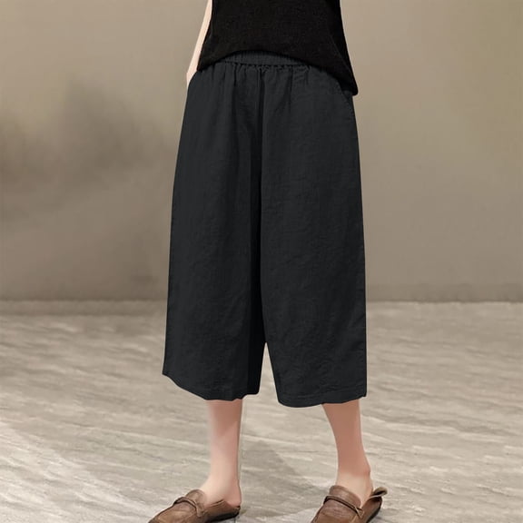 BLTIBY Womens Cotton Linen Pants Solid Colour Elastic Waist Drawstring Straight Leg Wide Leg High Waist Cropped Trousers Fashion Casual Black S