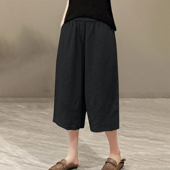 BLTIBY Womens Cotton Linen Pants Solid Colour Elastic Waist Drawstring Straight Leg Wide Leg High Waist Cropped Trousers Fashion Casual Black XL