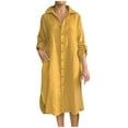 thumbnail image 1 of BLTIBY Womens Cotton Linen Plain Midi Dress Casual Fall Plus Size Dresses Loose Fit Long Sleeve Shirt Button Down Lapel Dress with Pockets Yellow 4XL, 1 of 5