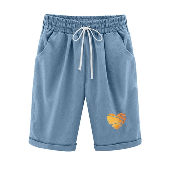 BLTIBY Womens Cotton Linen Shorts Casual Printed Summer Ladies Drawstring High Waisted Elastic Waist Athletic Running Shorts with Pockets Lightweight Fashion Short Pants 2024 Blue M