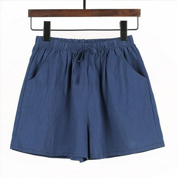 BLTIBY Womens Cotton Linen Shorts Solid Color Summer Elastic Waist Drawstring Short Pants with Pockets for Walking Exercise Casual Fashion Navy S