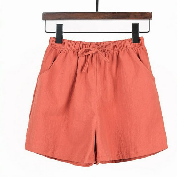 BLTIBY Womens Cotton Linen Shorts Solid Color Summer Elastic Waist Drawstring Short Pants with Pockets for Walking Exercise Casual Fashion Red XXL
