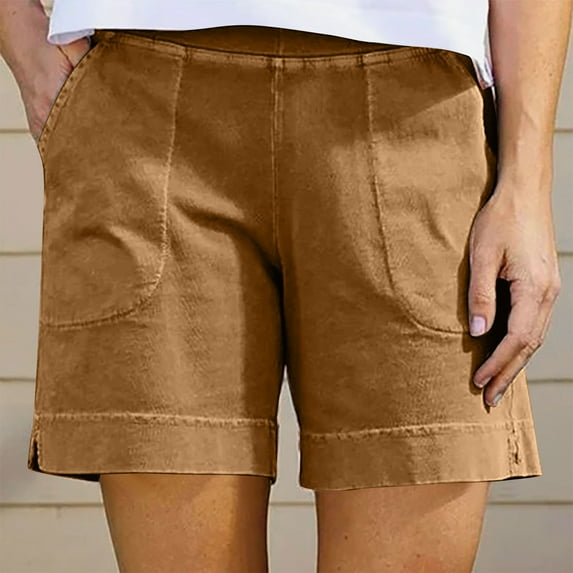 BLTIBY Womens Cotton Linen Shorts Summer Solid Color Elastic Waist Short Pants for Walking Exercise Shorts with Pockets Casual Fashion 2025 Khaki L