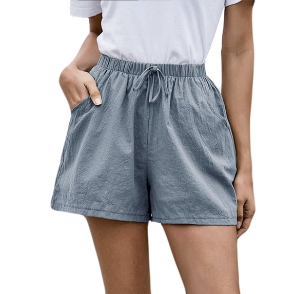 BLTIBY Womens Cotton Linen Shorts Summer Solid Colour Drawstring High Waisted Beach Short Casual Fashion Comfy Loose Wide Leg Straight Short Pants with Pockets Gray XL