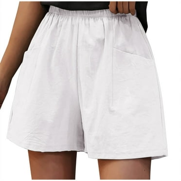 BLTIBY Womens Cotton Linen Shorts Summer Solid Colour High Waisted Beach Short Casual Fashion Comfy Loose Wide Leg Straight Short Pants with Pockets White XXL