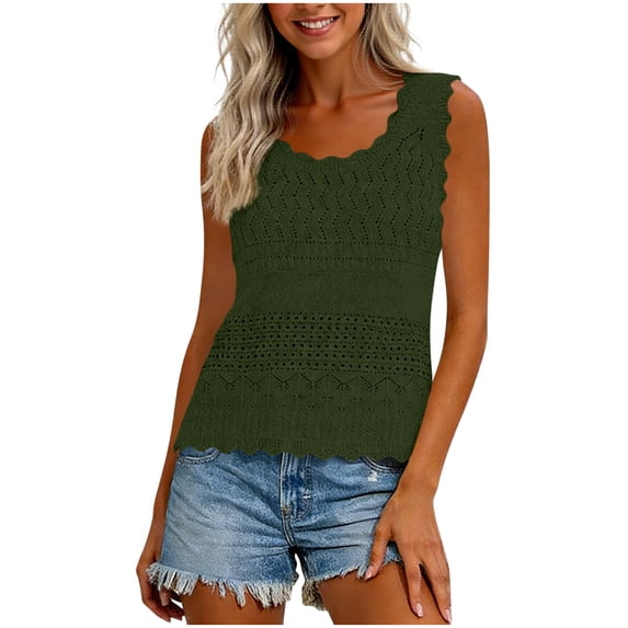 BLTIBY Womens Crochet Eyelet Cover up Tank Tops 2026 Summer Ruffle Crewneck Sleeveless Boho Peplum Vest Trendy Beach Vacation Clothes Army Green M
