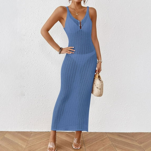 BLTIBY Womens Crochet Swimsuit Cover Ups Beach Hollow Out Tank Sleeveless Coverup Dress Bikini Bathing Suit Cover Up Blue M