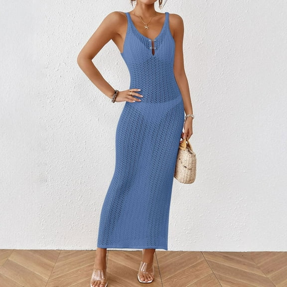 BLTIBY Womens Crochet Swimsuit Cover Ups Beach Hollow Out Tank Sleeveless Coverup Dress Bikini Bathing Suit Cover Up Blue S