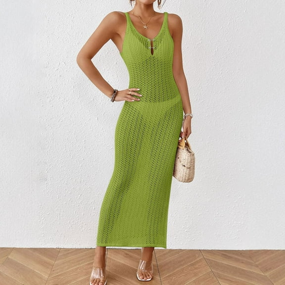 BLTIBY Womens Crochet Swimsuit Cover Ups Beach Hollow Out Tank Sleeveless Coverup Dress Bikini Bathing Suit Cover Up Green S