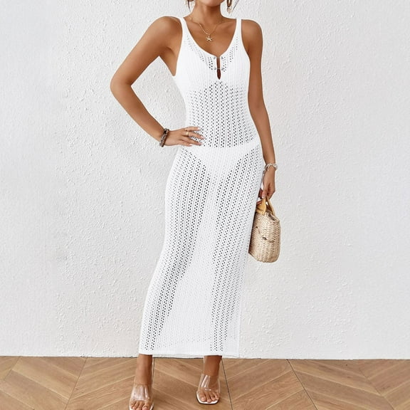 BLTIBY Womens Crochet Swimsuit Cover Ups Beach Hollow Out Tank Sleeveless Coverup Dress Bikini Bathing Suit Cover Up White M