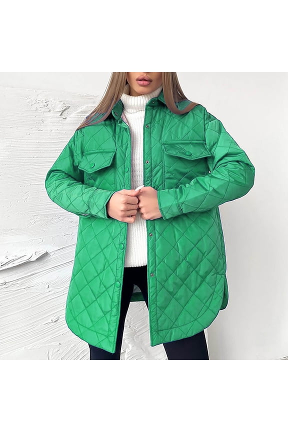 Womens Diamond Quilted Puffer Jacket Lightweight Padding Oversize Coat with Pockets Button Down Warm Winter Outwear with Belt Green L