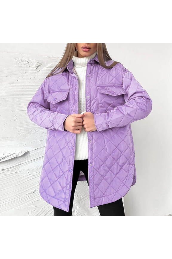Womens Diamond Quilted Puffer Jacket Lightweight Padding Oversize Coat with Pockets Button Down Warm Winter Outwear with Belt Purple M