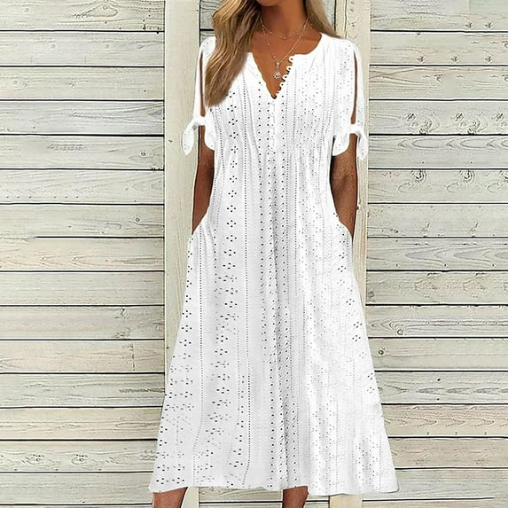 BLTIBY Womens Dresses 2025 Short Sleeve Spring Summer Dress Solid Color Casual Beach Fashion Vacation Dresses White 3XL