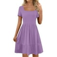 thumbnail image 1 of BLTIBY Womens Dresses 2025 Short Sleeve Spring Summer Mini Dress Square Neck Pleated Solid Colour Casual Fashion Swing Dresses Knee Length Purple XXL, 1 of 6