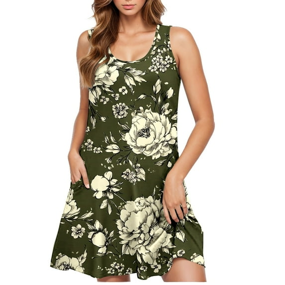 BLTIBY Womens Dresses 2025 Sleeveless Spring Summer Mini Dress Round Neck Printed Casual Fashion Dresses Knee Length Multicolor 11 L