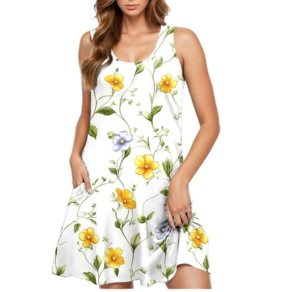 BLTIBY Womens Dresses 2025 Sleeveless Spring Summer Mini Dress Round Neck Printed Casual Fashion Dresses Knee Length Multicolor 8 XXL